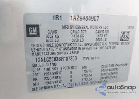 2011 Chevrolet Tahoe Commercial Fleet z USA, uszkodzony, nr VIN 1GNLC2E03BR187300